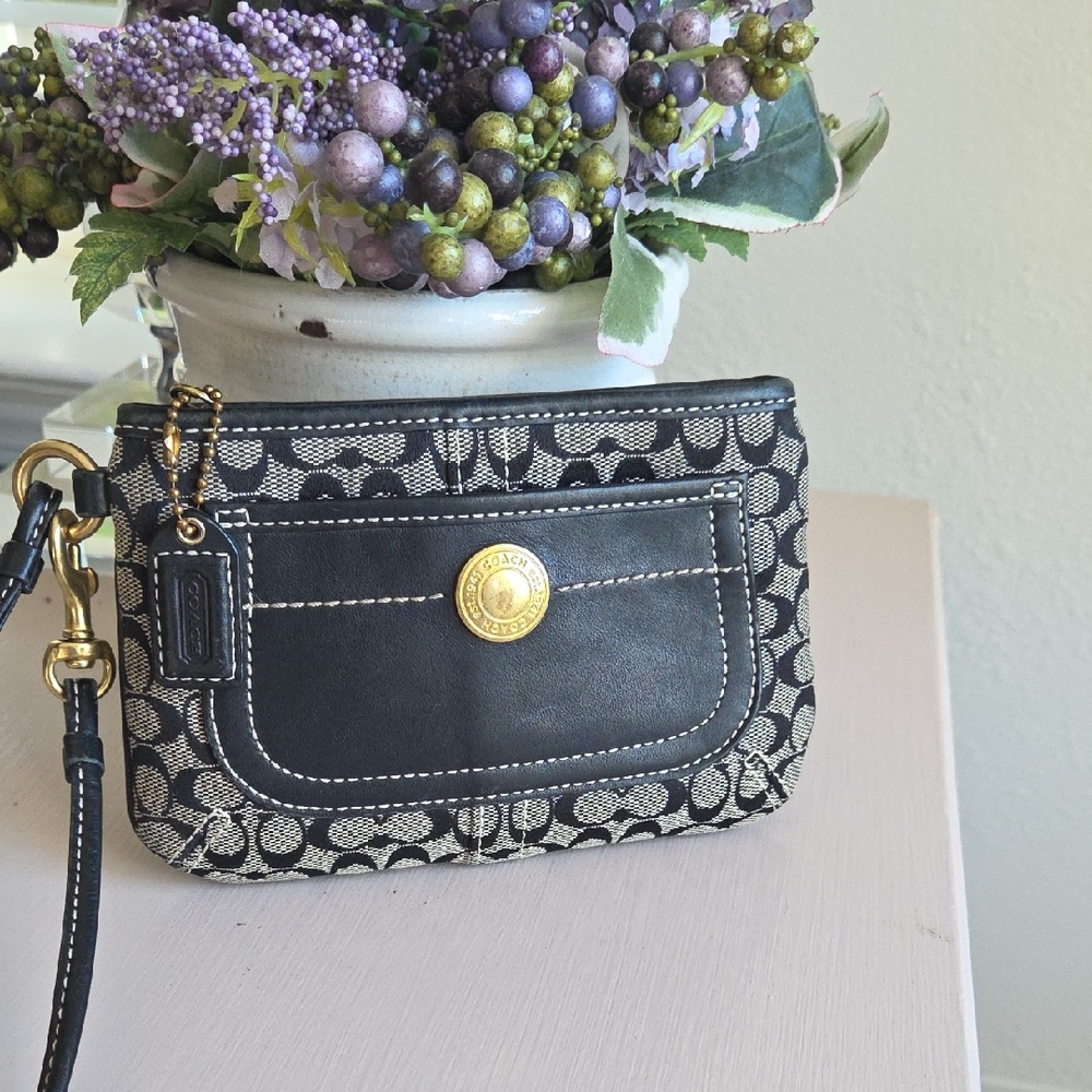 Coach Signature Canvas and Leather Wristlet in Black